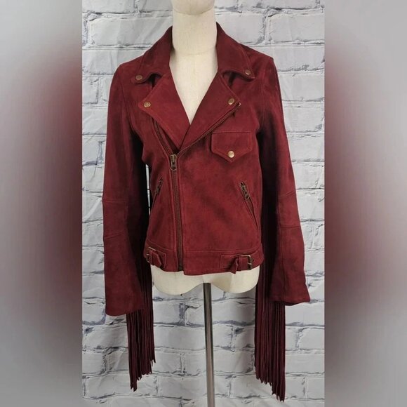 Nasty Gal Women's Leather RealSuede Jacket Fringe Western Boho Red Small